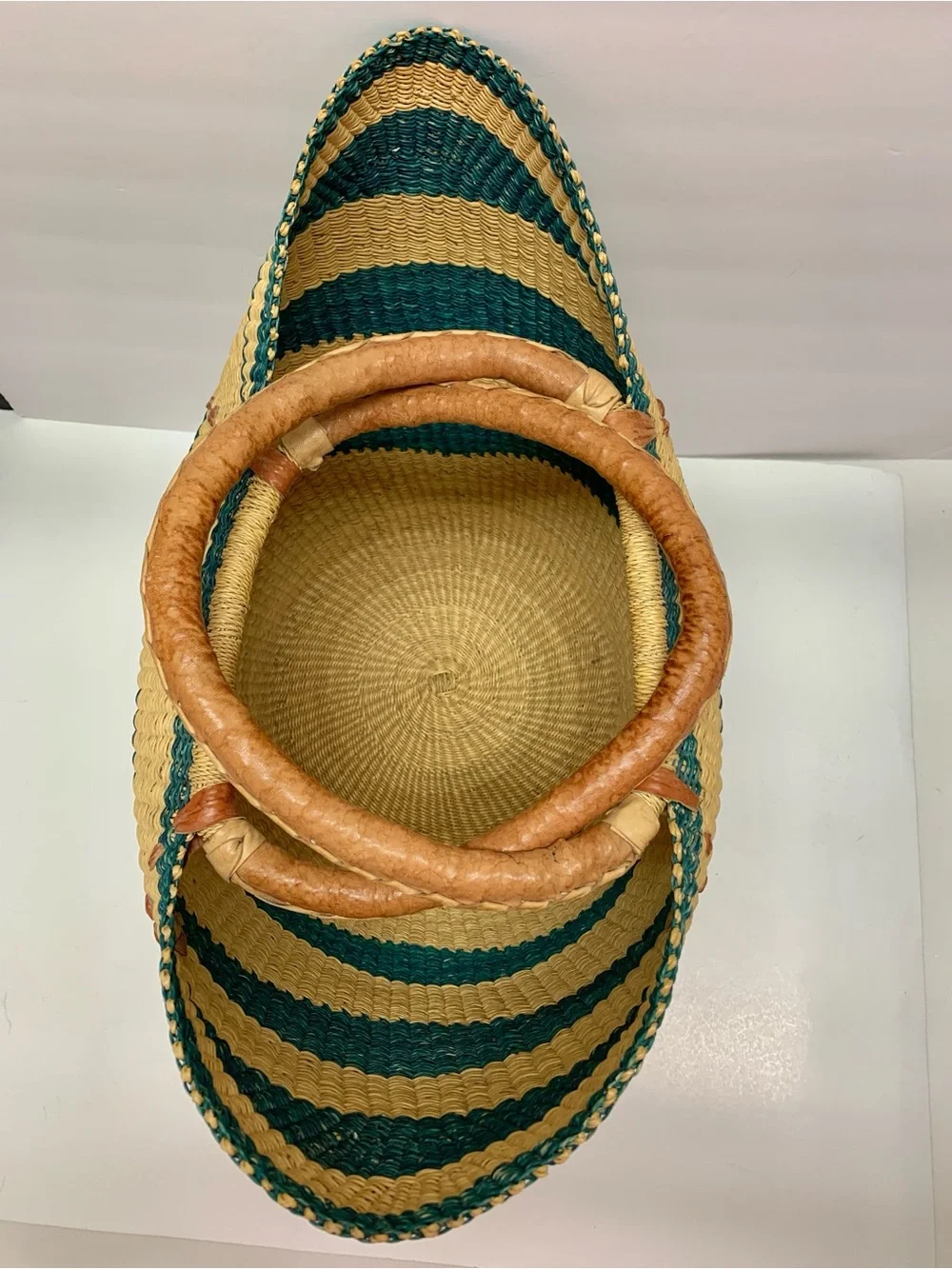 Handwoven Bolga Market Basket with Leather Wrapped Handles Large U Shopper